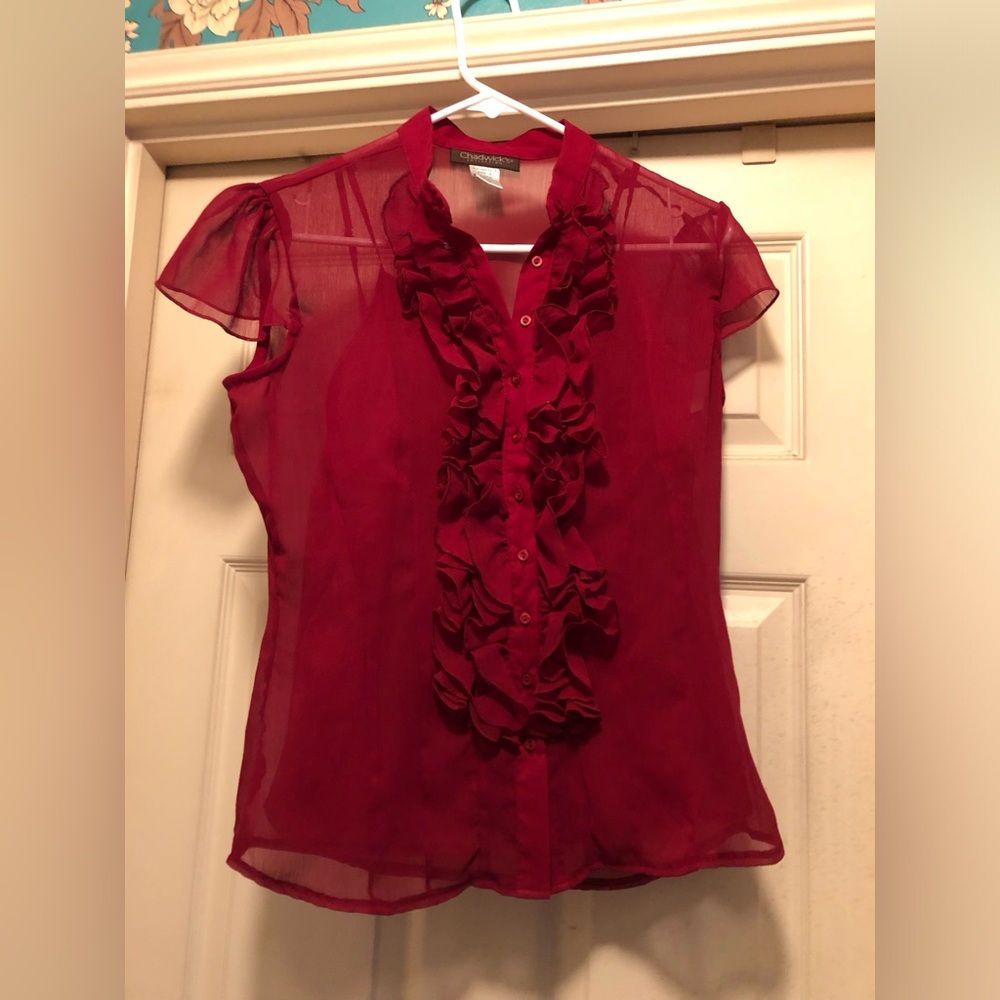 Chadwicks Burgundy Red Ruffle Sheer Button-Front Blouse